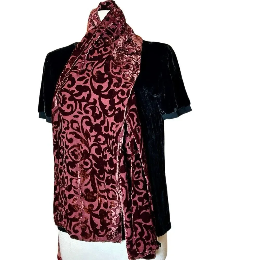 Vintage Velvet Burnout Scarf Wine burgundy Classic Boho Equestrian Timeless